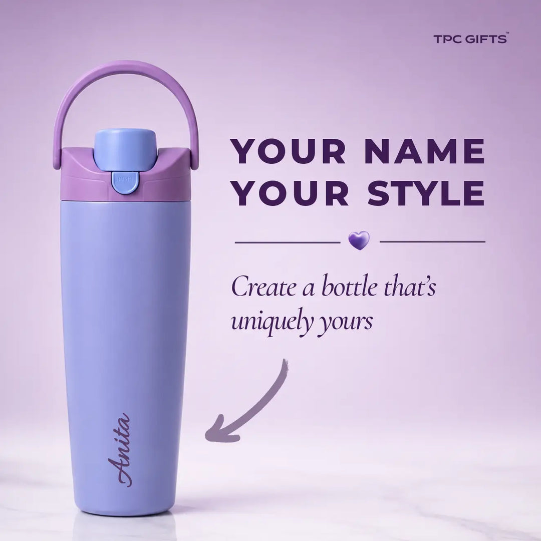 A personalized light purple insulated water bottle with a matching purple carry loop and light blue lid, shown next to promotional text reading &