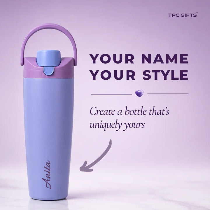 A personalized light purple insulated water bottle with a matching purple carry loop and light blue lid, shown next to promotional text reading &