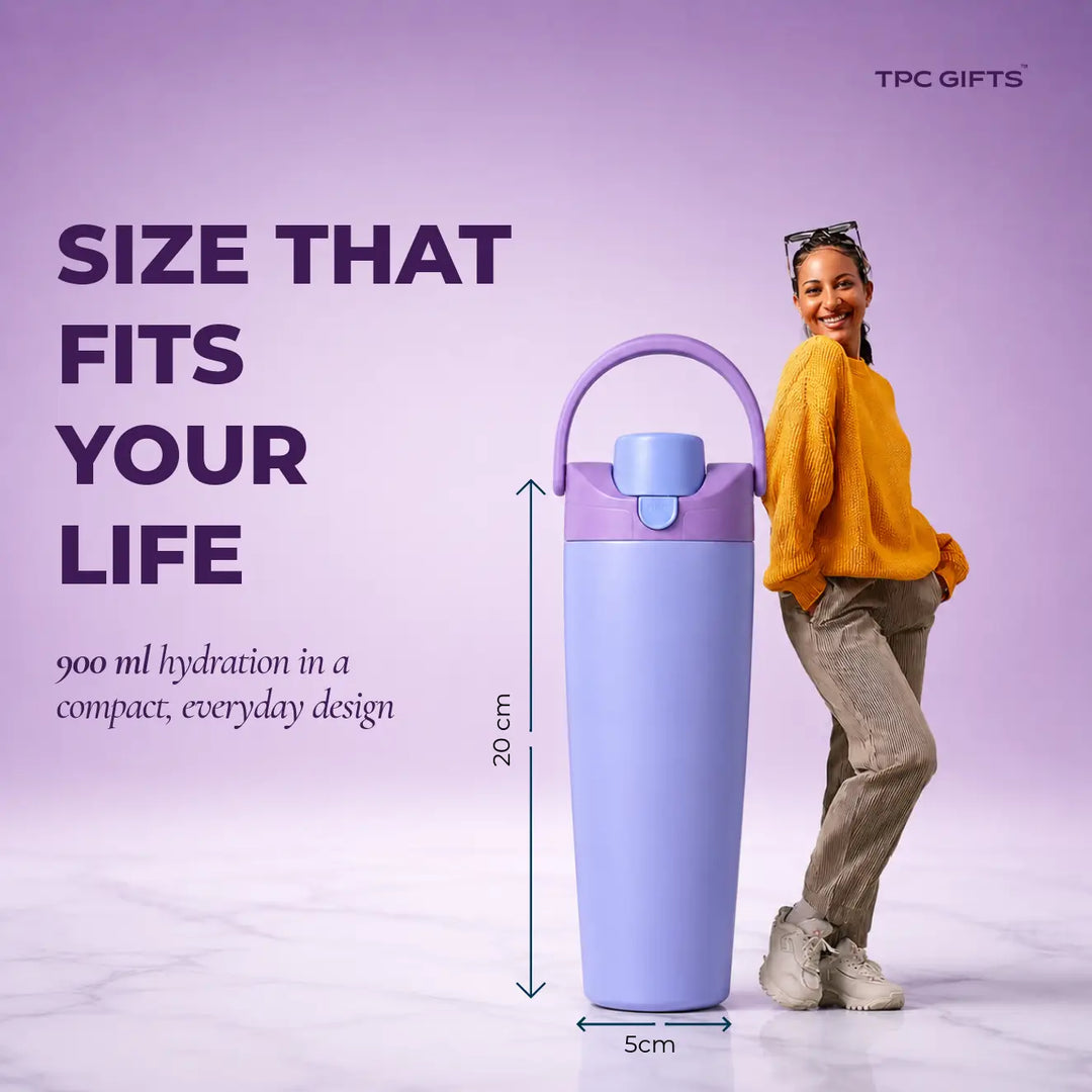 A woman stands beside a tall insulated water bottle with measurement callouts showing 20 cm height and 5 cm diameter. The bottle is lavender and light blue, and the image includes promotional text reading &
