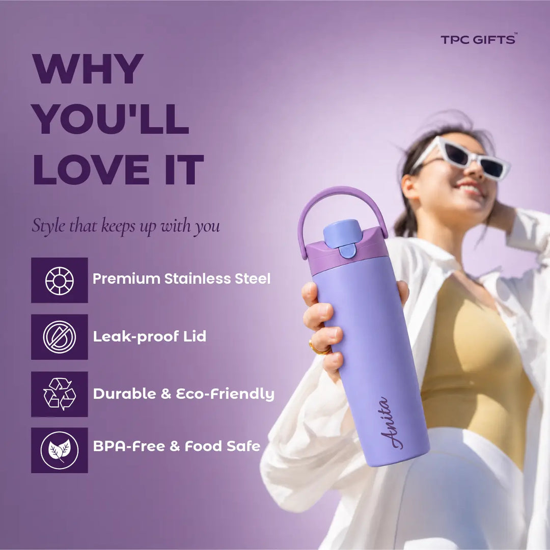 A lavender and purple insulated water bottle with a carry loop and flip straw, shown on a light marble surface with feature callouts and text on a purple background. The brand TPC GIFTS is visible in the top left, and the name Anita is printed on the bottle.