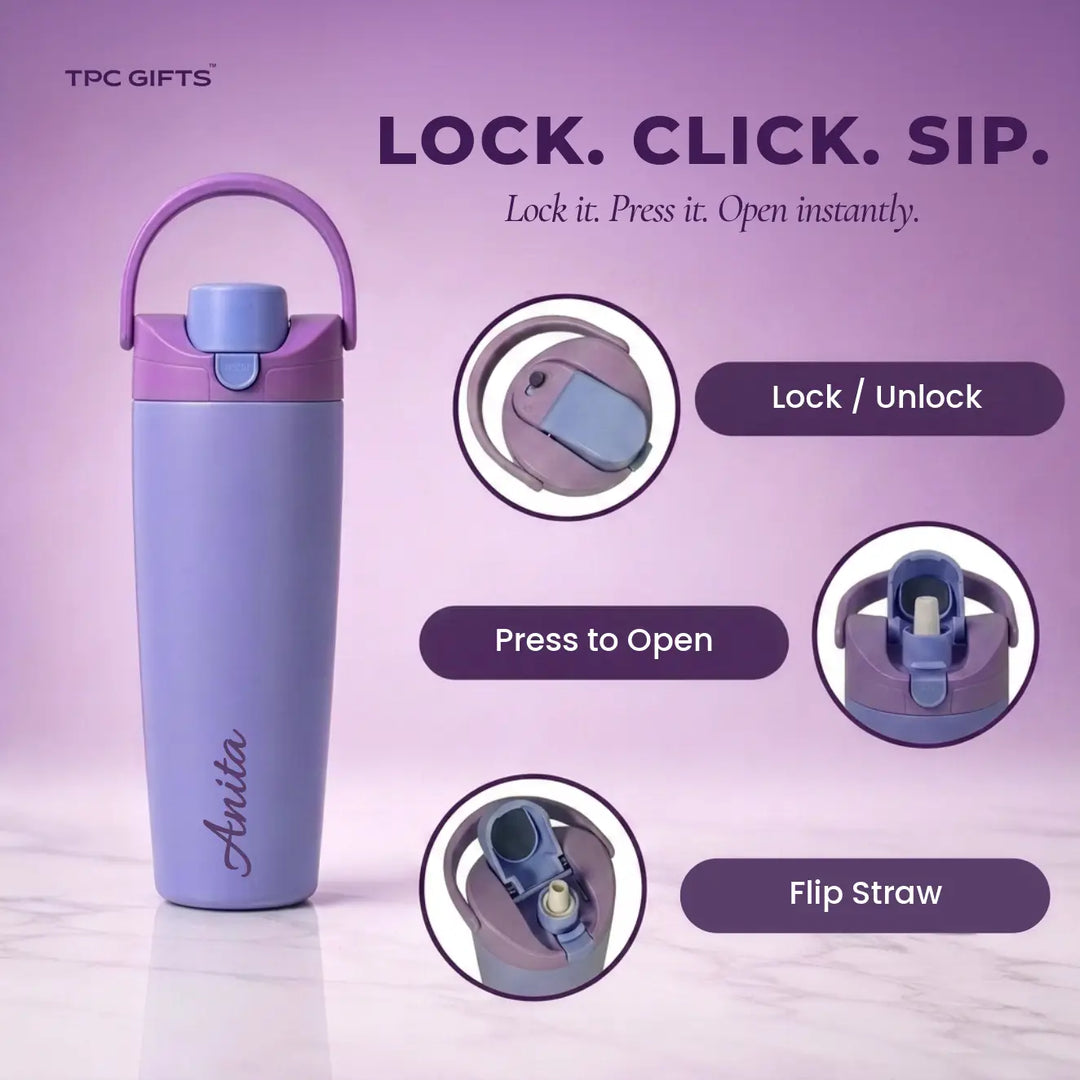 A lavender and purple insulated water bottle with a carry loop and flip straw, shown on a light marble surface with feature callouts and text on a purple background. The brand TPC GIFTS is visible in the top left, and the name Anita is printed on the bottle.