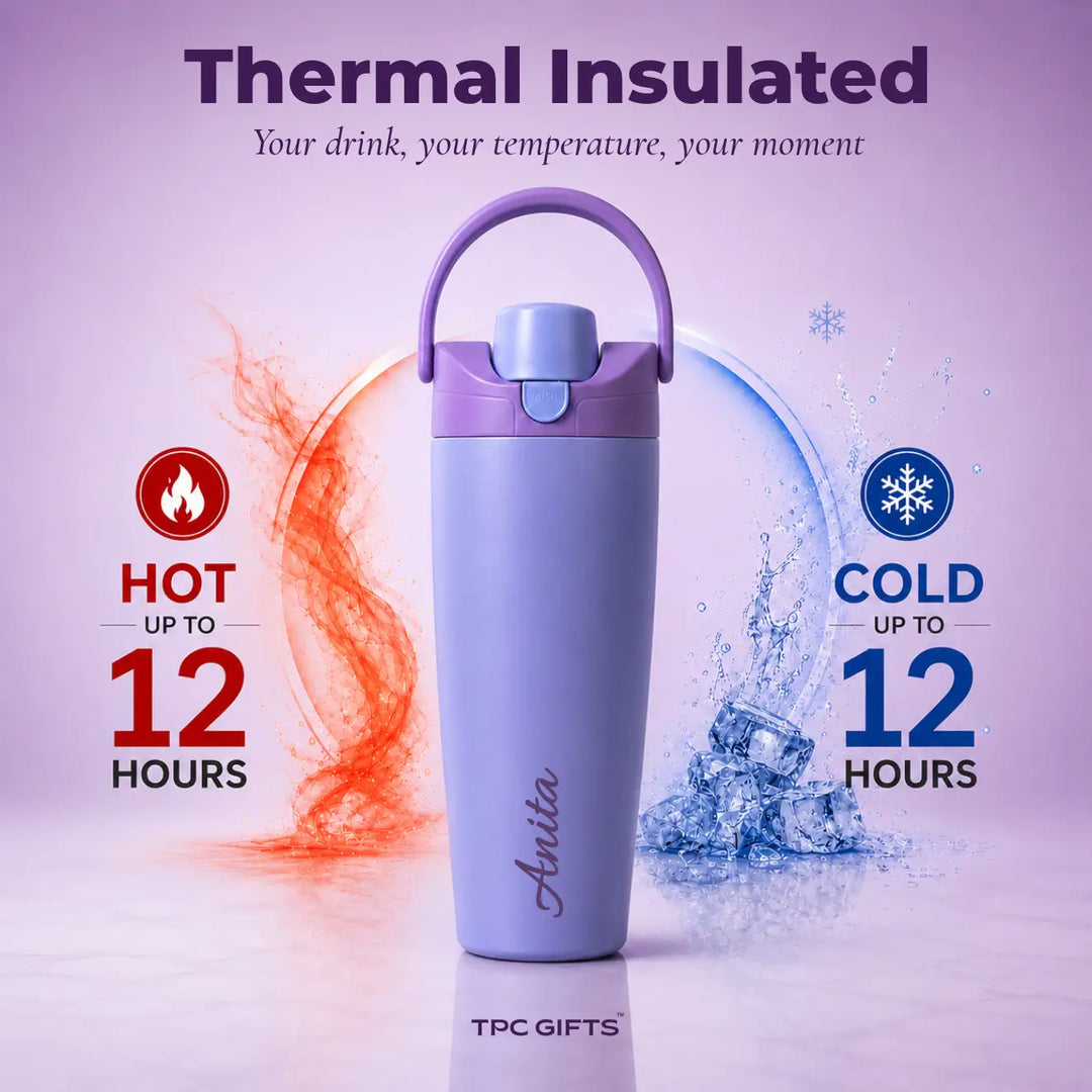 A lavender and purple thermal insulated tumbler with a carry loop and flip spout, centered on a light purple background with promotional text. The tumbler has the name &