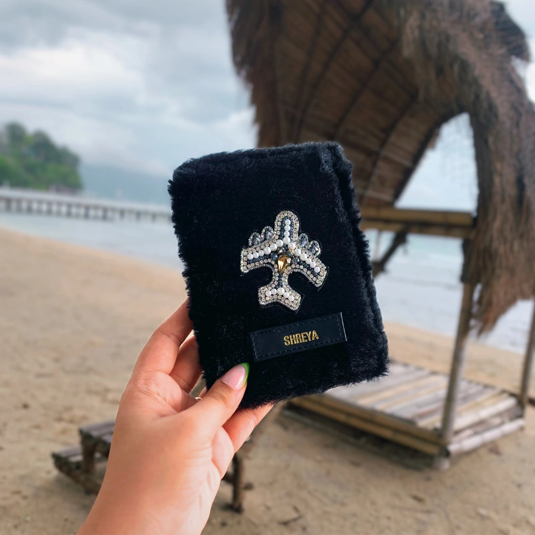 Passport Cover Black Fur with Diamond Plane on the beach  - TPC Gifts