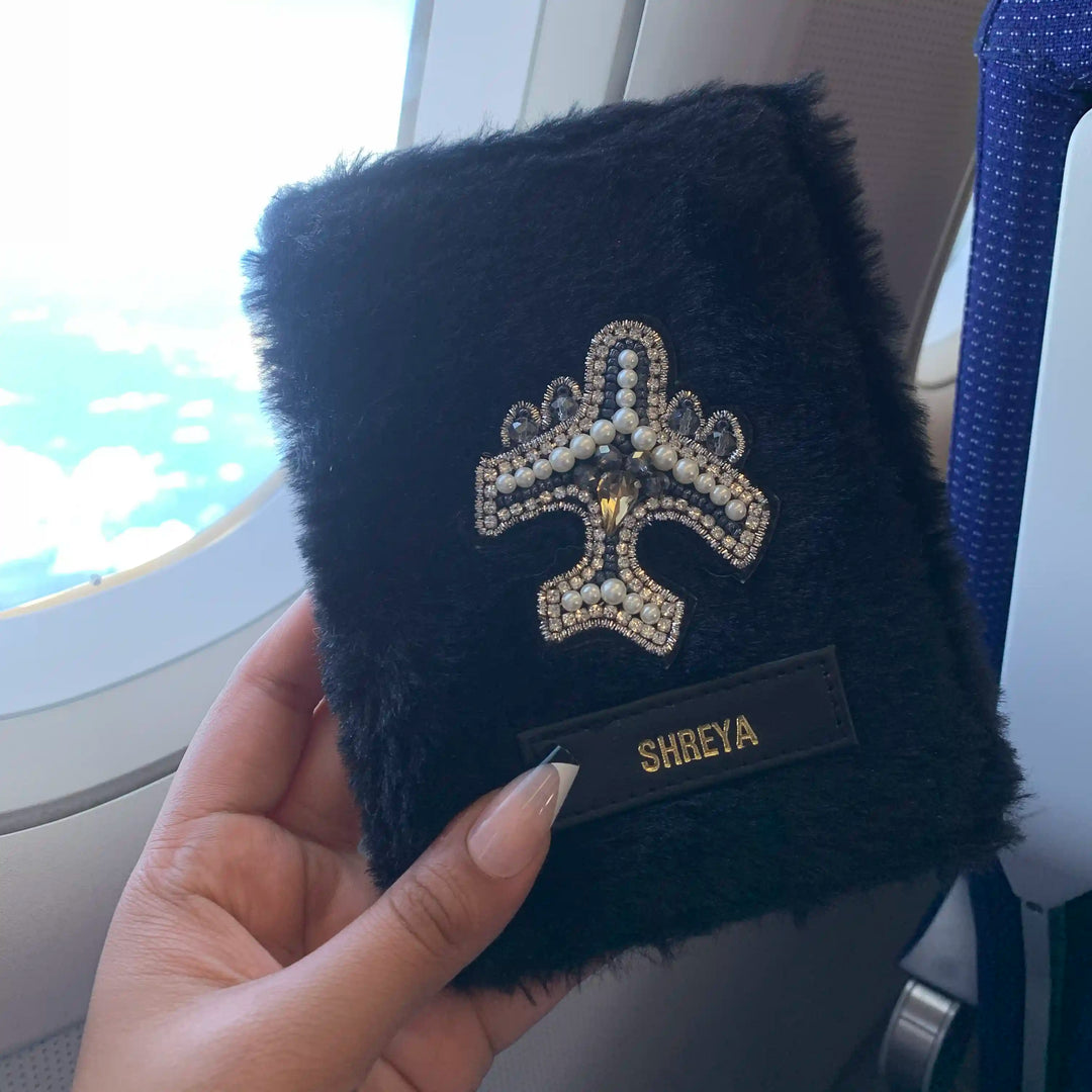 Passport Cover Black Fur with Diamond Plane in an airplane window - TPC Gifts