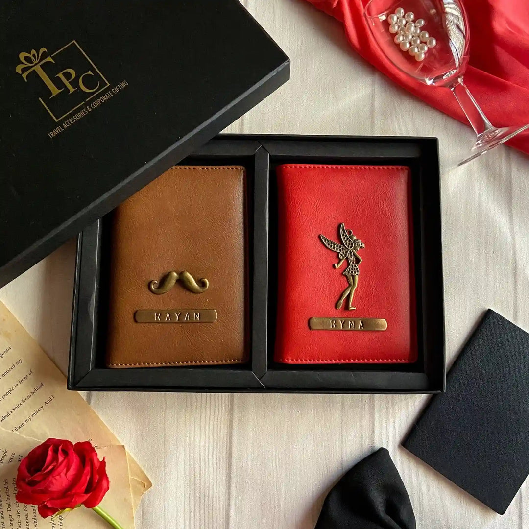 Personalised Red &amp; Brown Couple Passport Cover