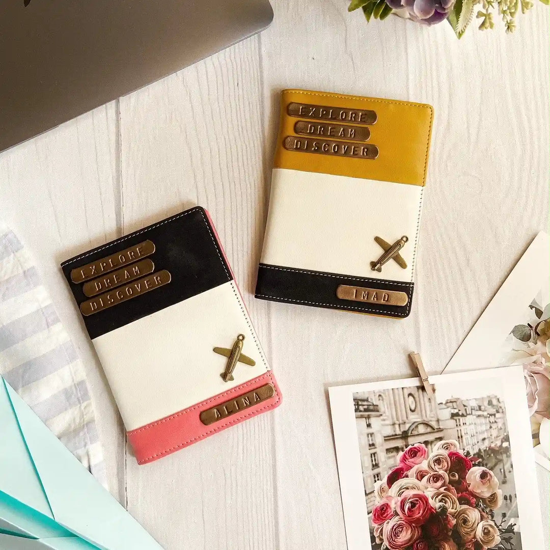 Personalised Three Tone Peach &amp; Mustard Couple Passport Cover - TPC Gifts