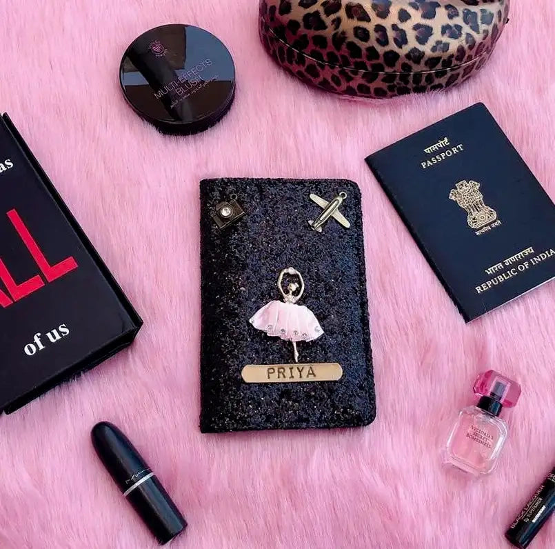 Personalised Black Glitter Passport Cover - TPC Gifts 