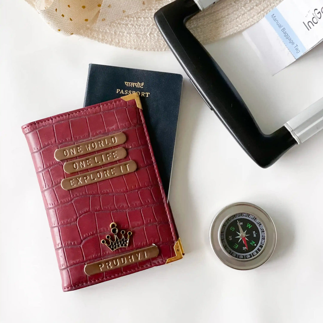 Personalised Maroon Croco Texture Passport Cover embossed  with gold-tone accents and the text &