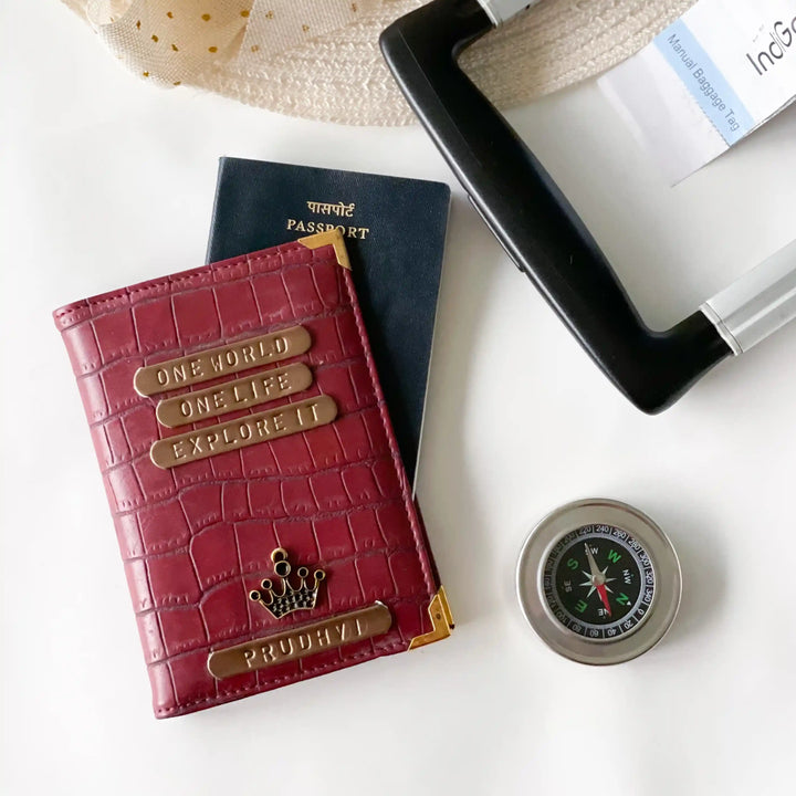 Personalised Maroon Croco Texture Passport Cover embossed  with gold-tone accents and the text &