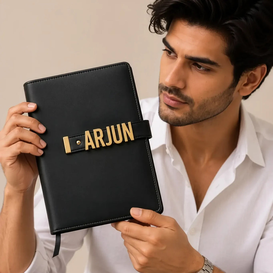 The Letter Diary – Personalised A5 Diary with Gold Metal Letters, Refillable Vegan Leather Cover | Black &amp; Beige