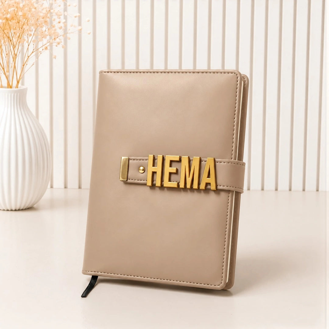 The Letter Diary – Personalised A5 Diary with Gold Metal Letters, Refillable Vegan Leather Cover | Black &amp; Beige