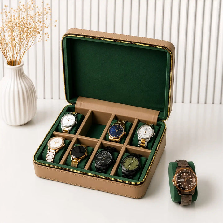 The Letter Watch Organiser – Personalised 8-Slot Watch Box with Gold Letters, Vegan Leather &amp; Suede