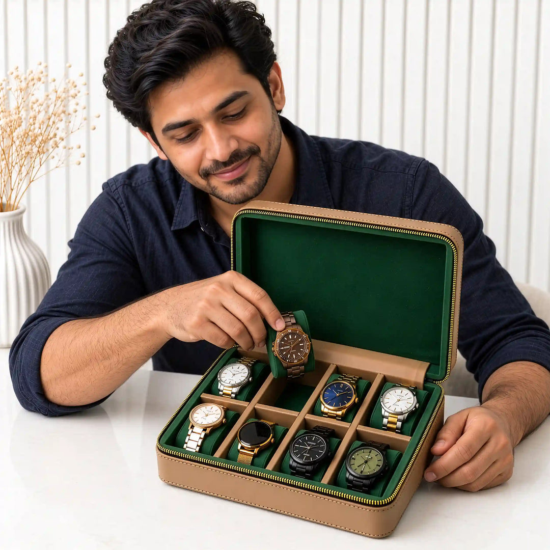 The Letter Watch Organiser – Personalised 8-Slot Watch Box with Gold Letters, Vegan Leather &amp; Suede