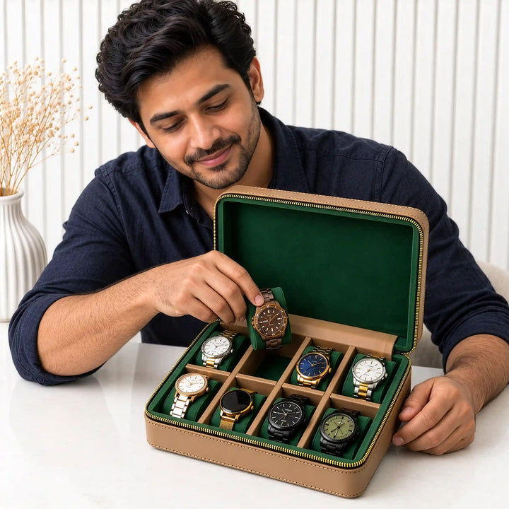 The Letter Watch Organiser – Personalised 8-Slot Watch Box with Gold Letters, Vegan Leather &amp; Suede