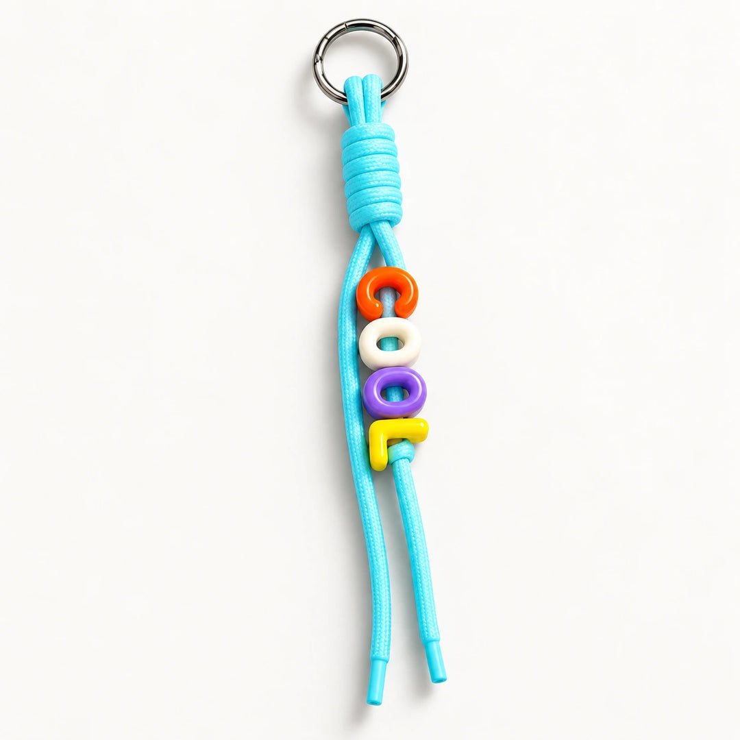 Aqua Colour Pop personalised rope keychain with colourful alphabet name beads and a metal ring