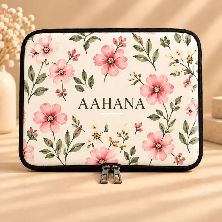 Personalised laptop sleeve in Blush Bloom floral print with a name