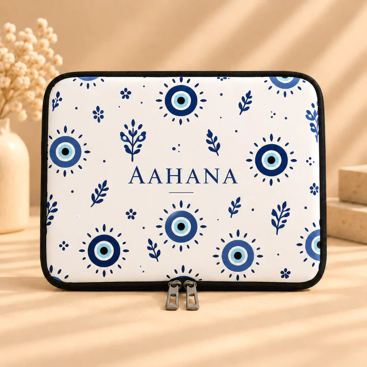 Personalised laptop sleeve in Blue Evil Eye print with a name