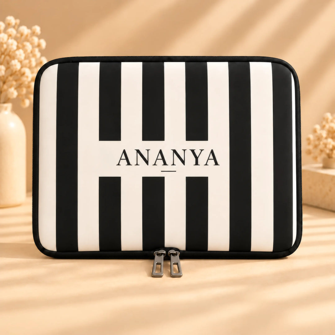 Personalised laptop sleeve in Classic Stripes print with a name