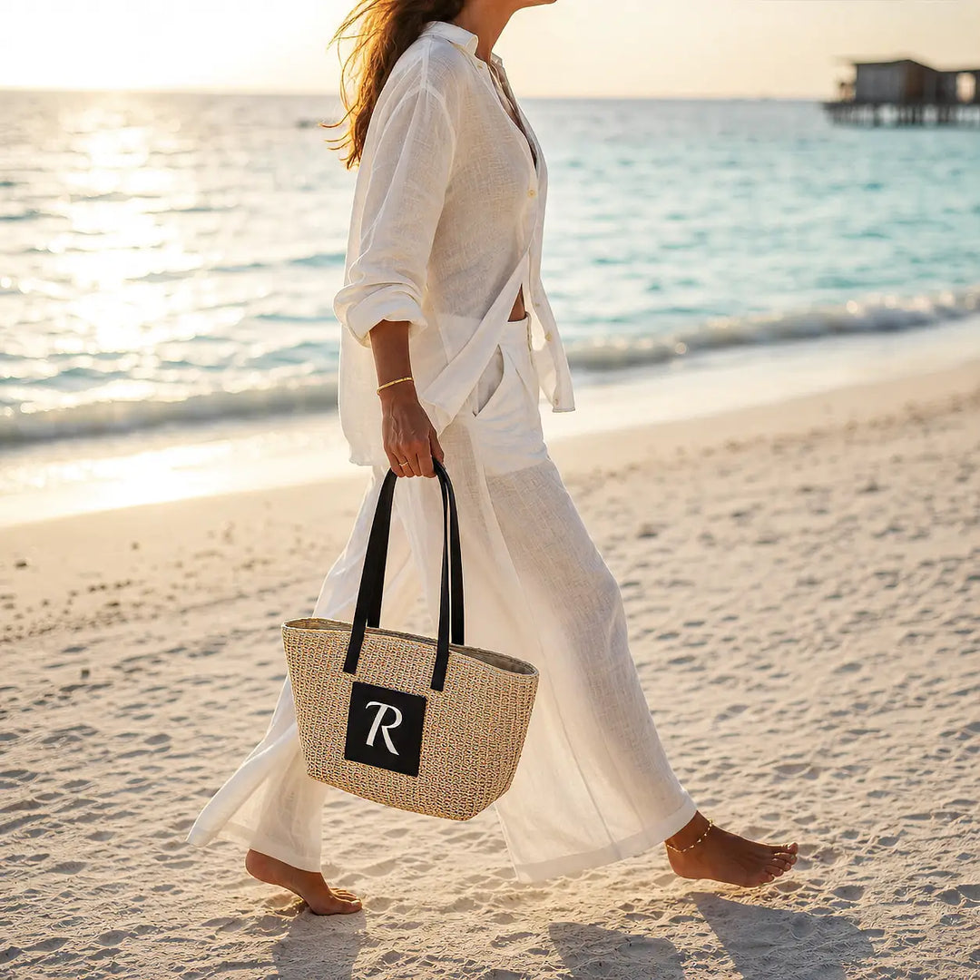 Personalised Cream Cane Beach Bag - Luxe Edition