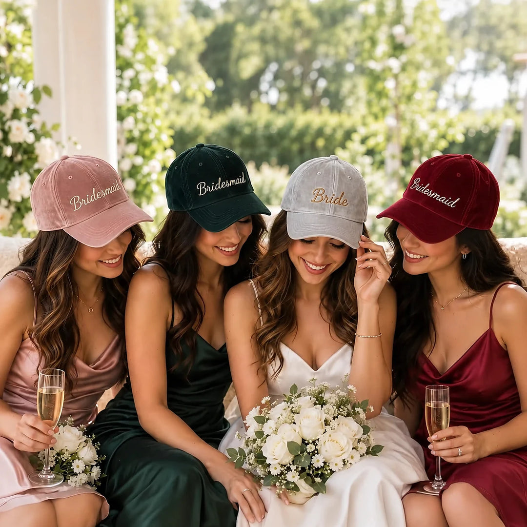 Bride &amp; Bridesmaid Personalised Velvet Caps — Wedding Group Set of 4
