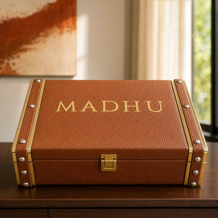 Personalised Pebbled Vegan Leather Trunk Box — Cognac