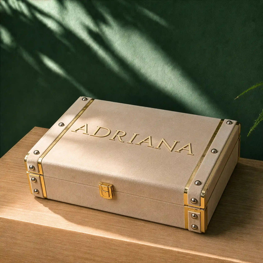 Champagne beige personalised velvet trunk gift box by TPC Gifts, gold trims and a name in raised gold lettering
