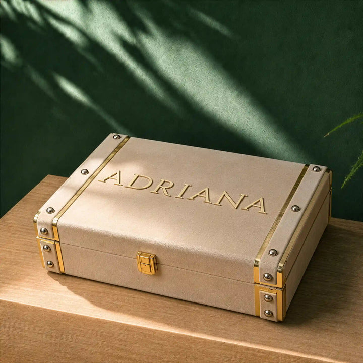 Champagne beige personalised velvet trunk gift box by TPC Gifts, gold trims and a name in raised gold lettering