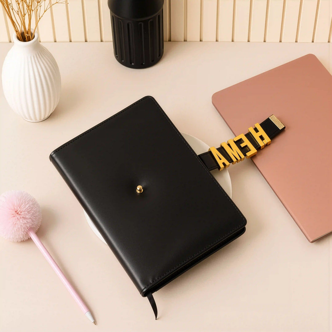 The Letter Diary – Personalised A5 Diary with Gold Metal Letters, Refillable Vegan Leather Cover | Black &amp; Beige