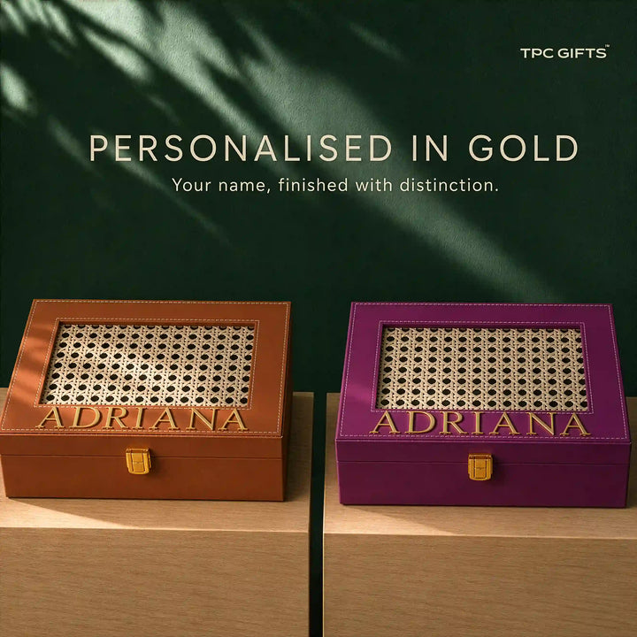 Personalised Cane Trunk Box | Natural Cane Lid, Name in Gold, 10 x 7 x 3 in