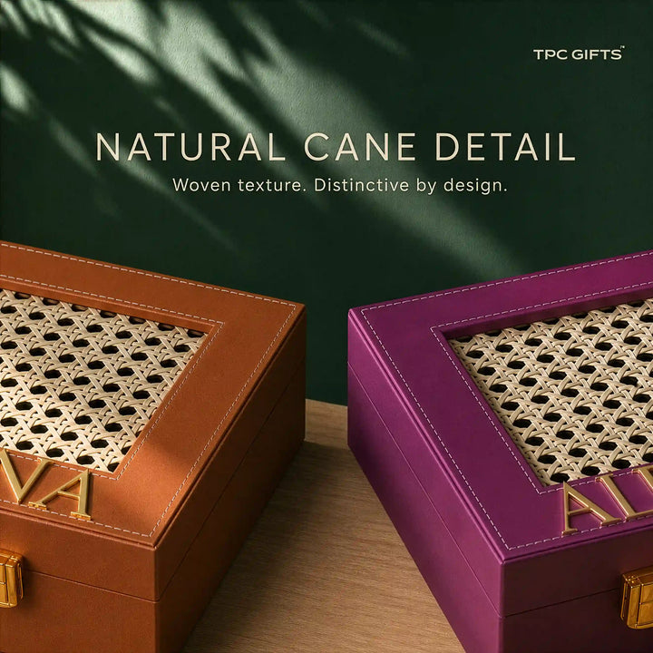 Personalised Cane Trunk Box | Natural Cane Lid, Name in Gold, 10 x 7 x 3 in