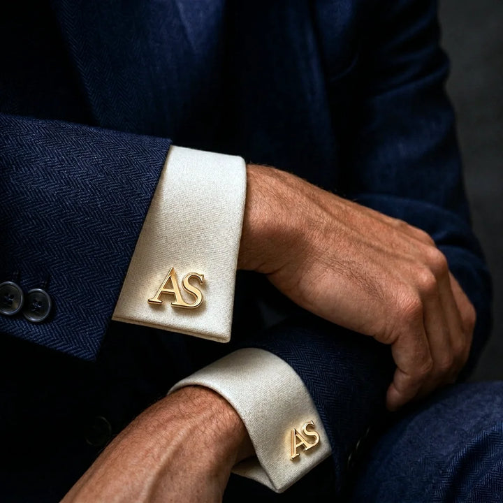 Close-up of a person wearing a navy suit with white cufflinks featuring &