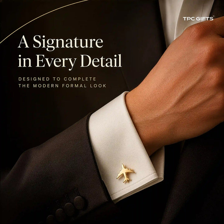 Aeroplane Cufflinks Gold – Mirror-Polished Brass Aviation Cufflinks for Men | Set of 2 with Gift Box