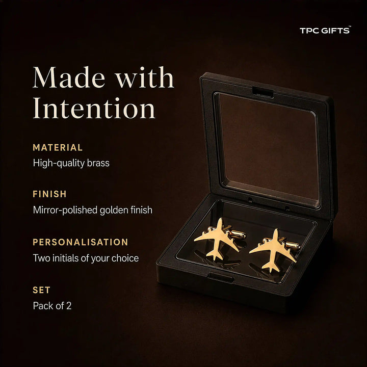 Aeroplane Cufflinks Gold – Mirror-Polished Brass Aviation Cufflinks for Men | Set of 2 with Gift Box