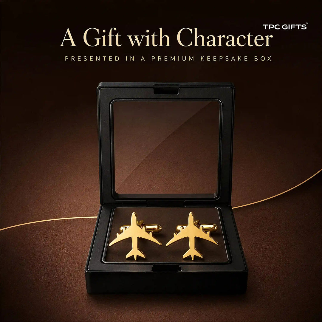 Aeroplane Cufflinks Gold – Mirror-Polished Brass Aviation Cufflinks for Men | Set of 2 with Gift Box