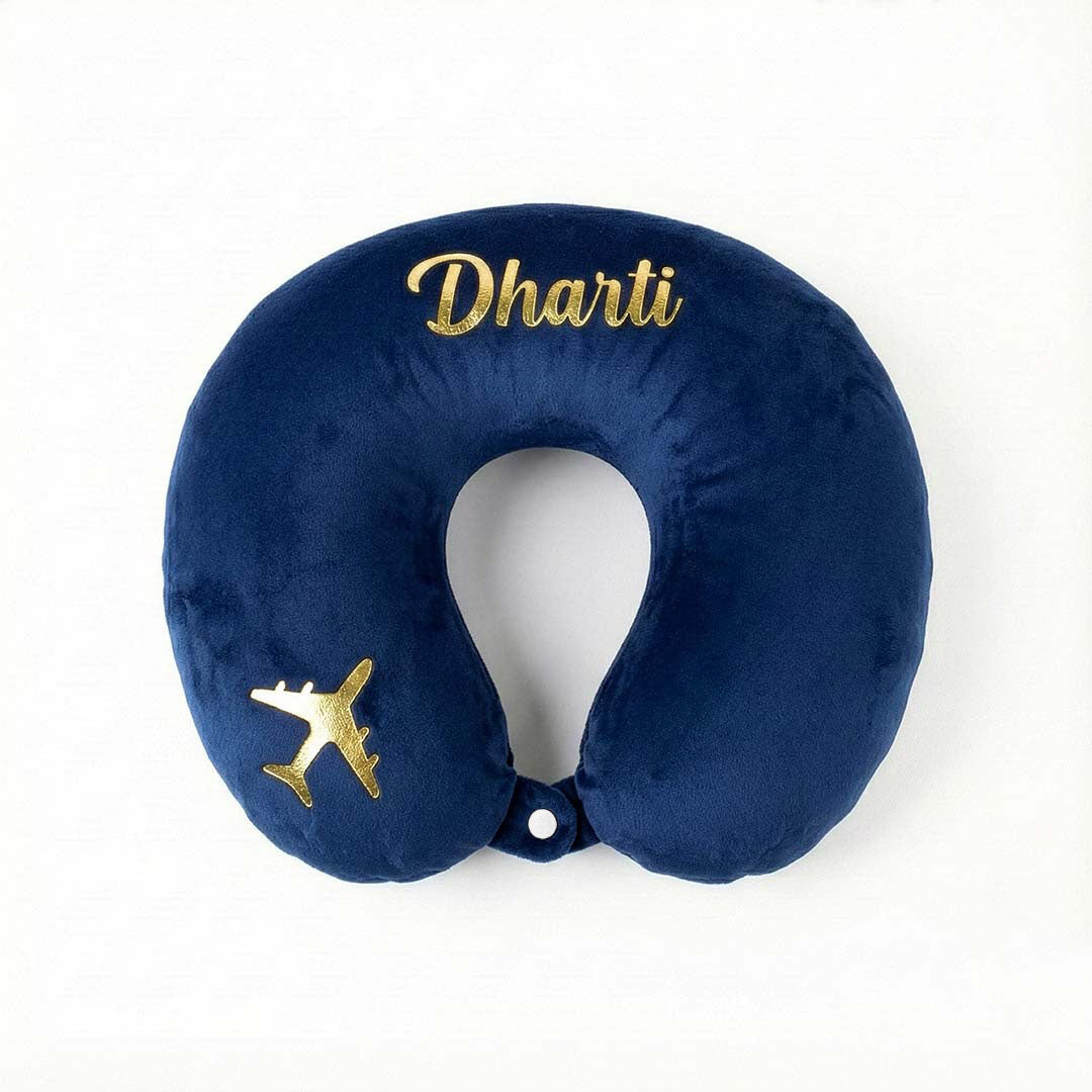 Navy blue travel neck pillow with &