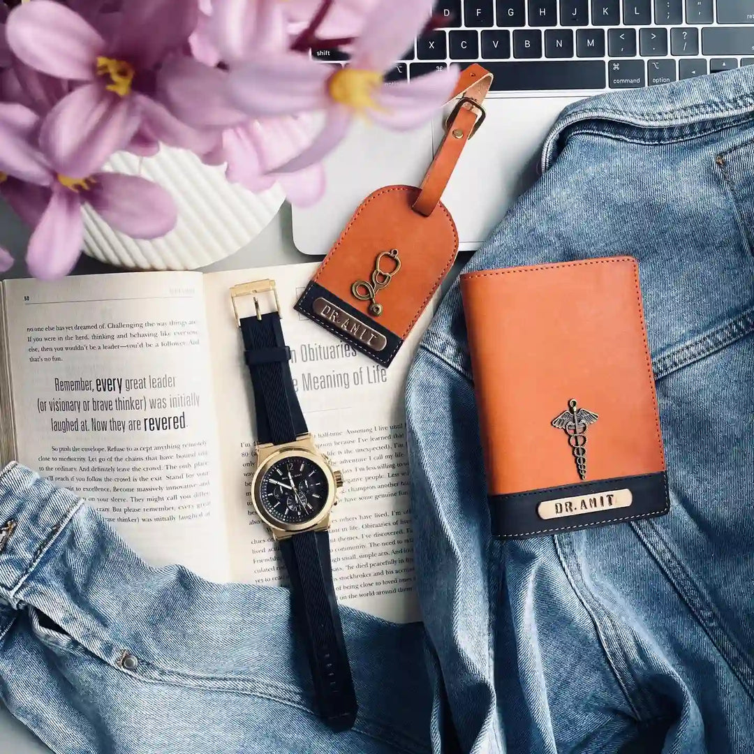 Dual Tone Passport Cover &amp; Luggage Set with name and charm - tan brown and black in colour - TPC Gifts