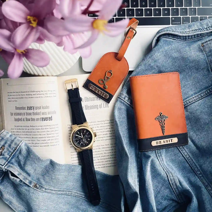 Dual Tone Passport Cover &amp; Luggage Set with name and charm - tan brown and black in colour - TPC Gifts