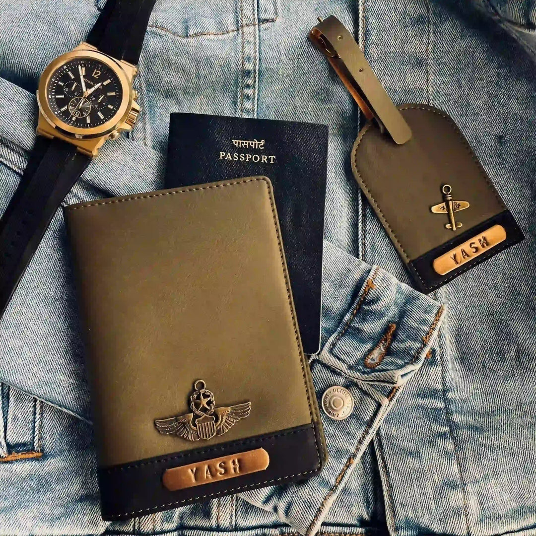 Dual Tone Passport Cover &amp; Luggage Set - Olive &amp; Black - TPC Gifts