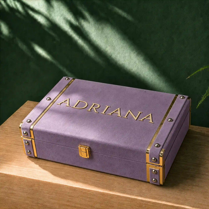 Dusty lilac personalised velvet trunk gift box by TPC Gifts, gold corner trims and a name in raised gold lettering