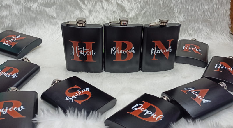 CUSTOMISED BLACK METAL & LEATHER HIP FLASK