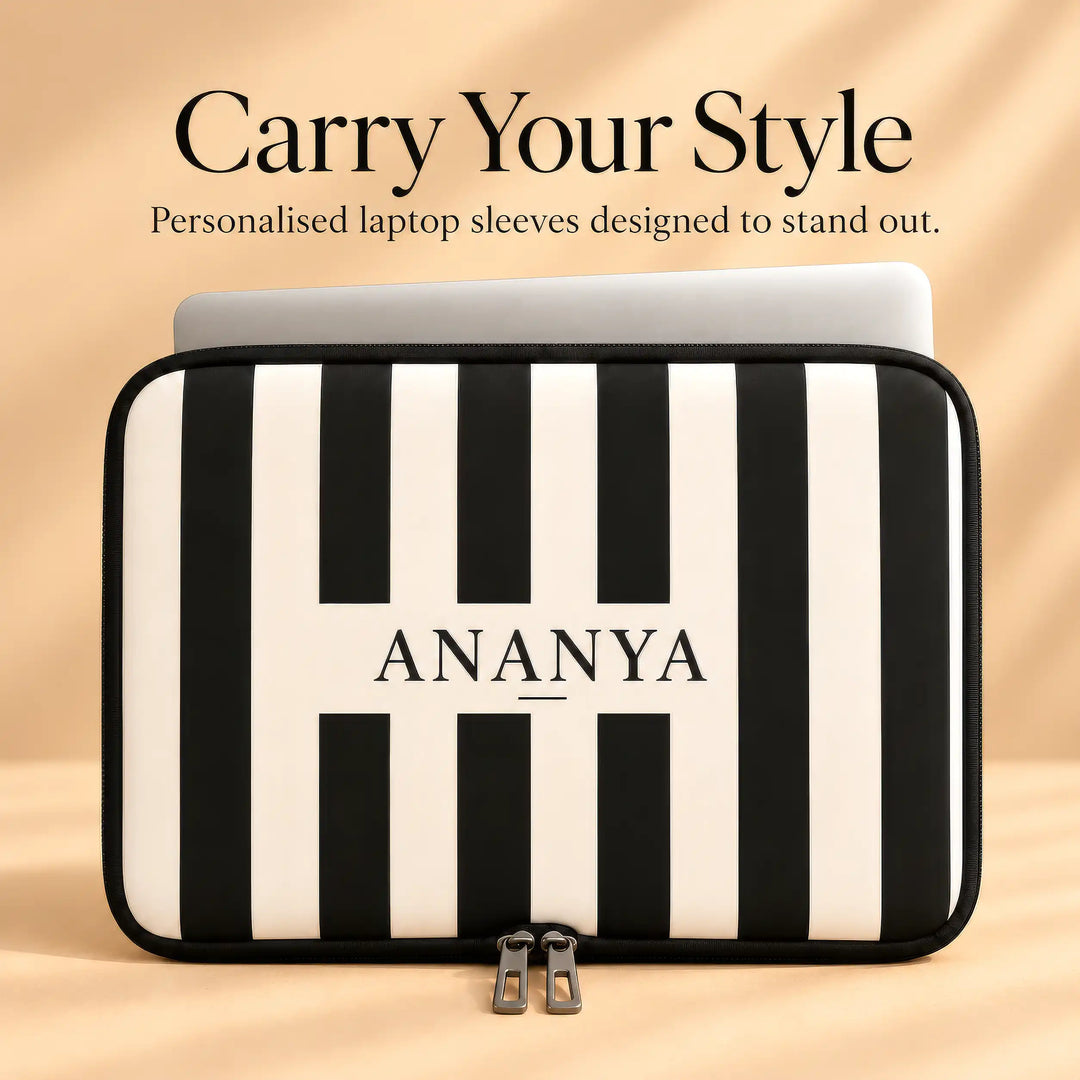 The Signature personalised laptop sleeve in black and cream stripes