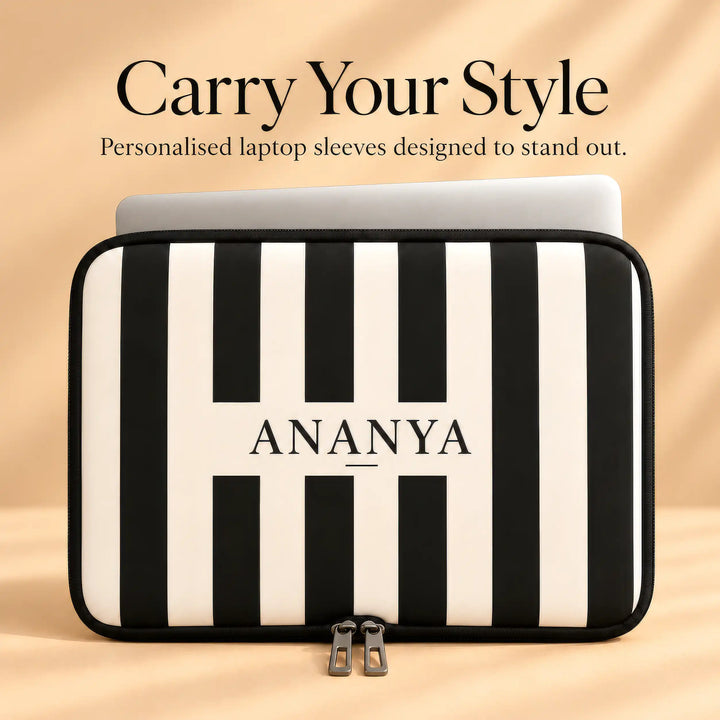 The Signature personalised laptop sleeve in black and cream stripes