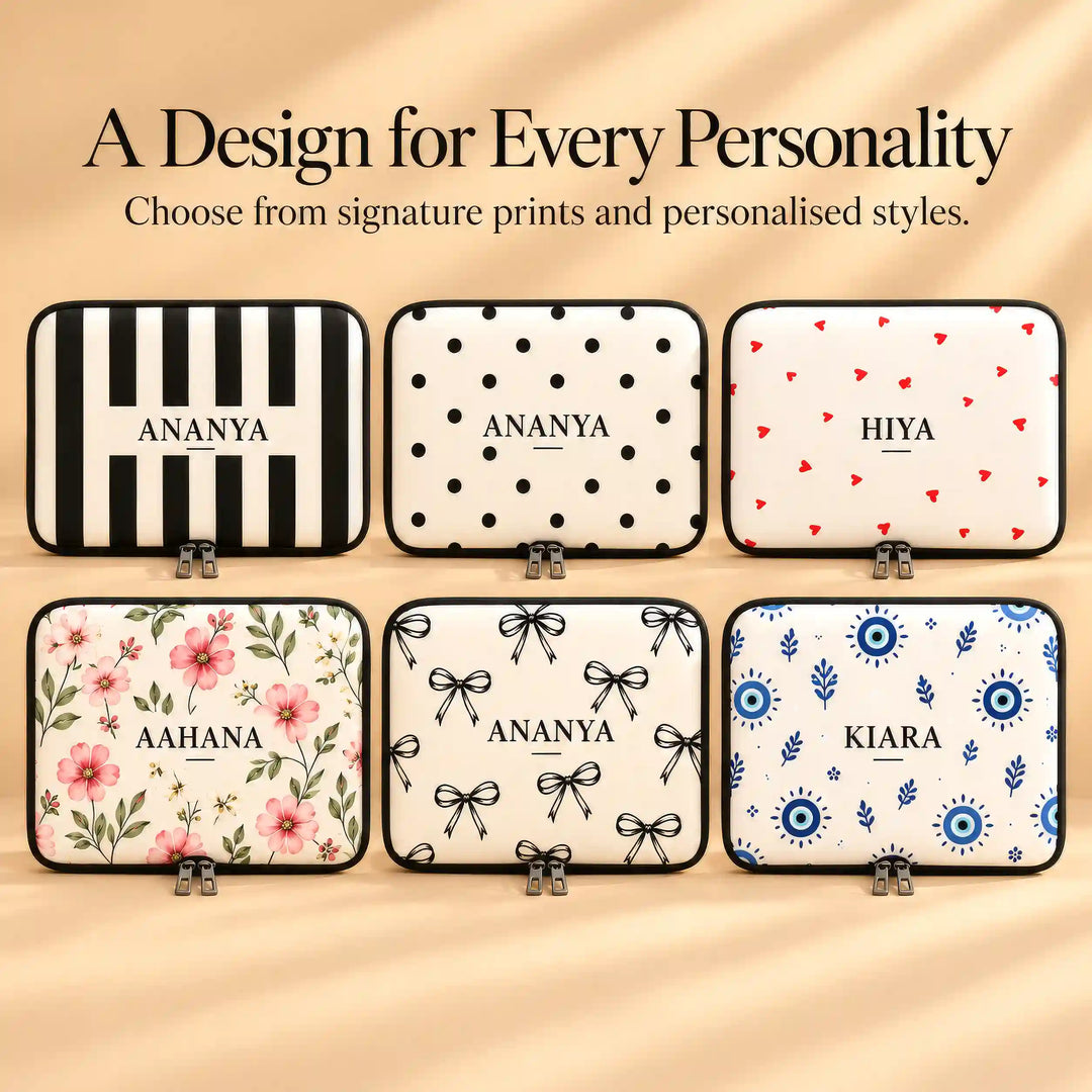 Six personalised laptop sleeve prints: stripes, dots, hearts, florals, bows and evil eye