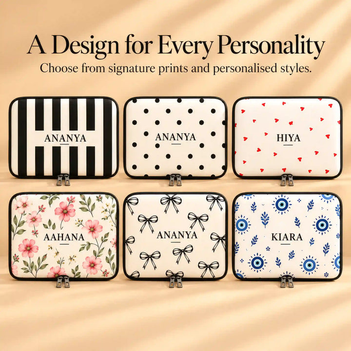 Six personalised laptop sleeve prints: stripes, dots, hearts, florals, bows and evil eye