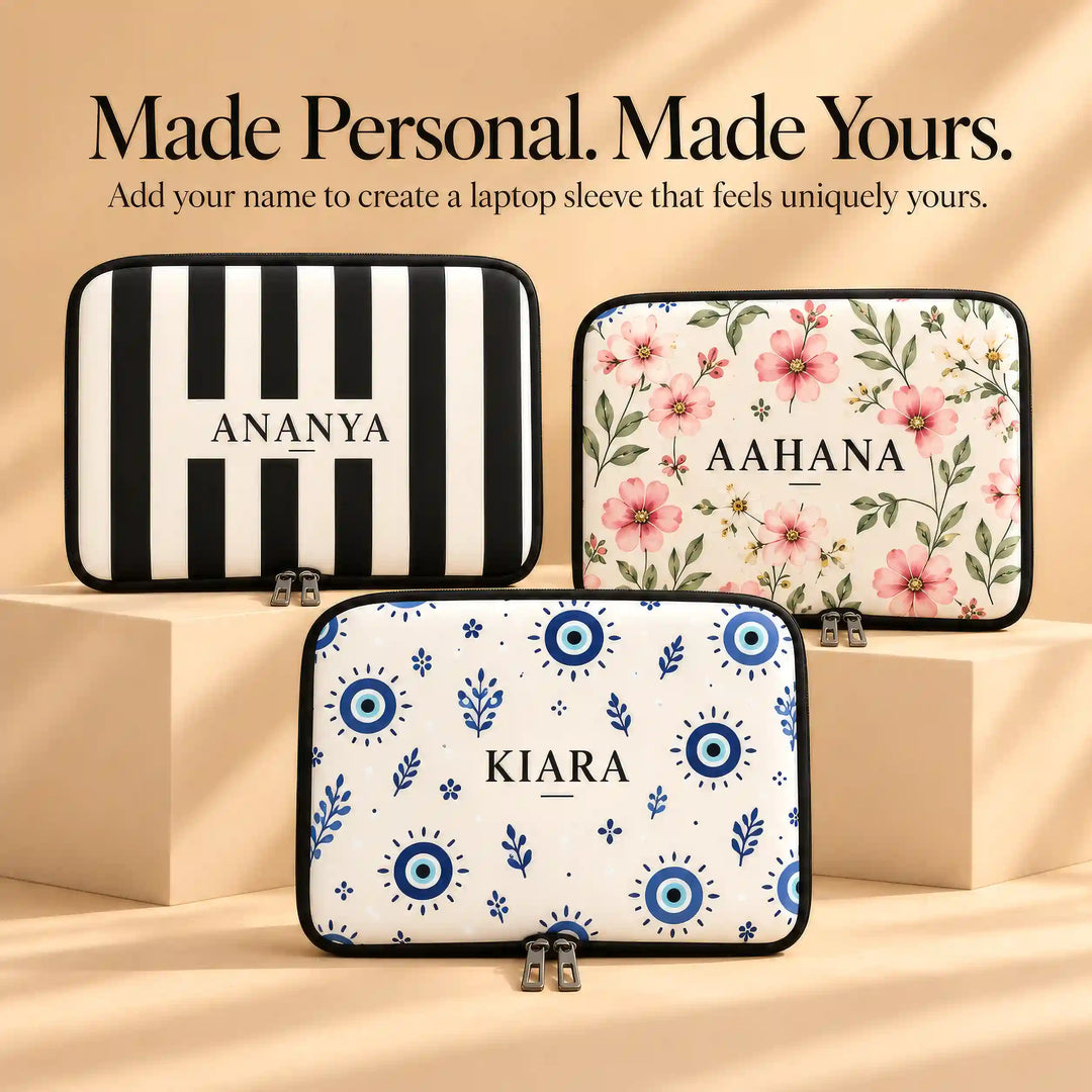Laptop sleeves personalised with names in stripes, floral and evil eye prints