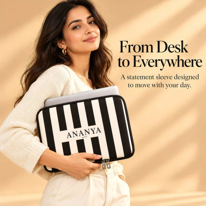 Personalised striped laptop sleeve carried for everyday work and travel