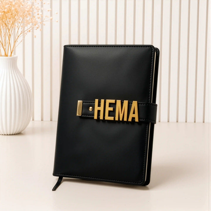The Letter Diary – Personalised A5 Diary with Gold Metal Letters, Refillable Vegan Leather Cover | Black &amp; Beige