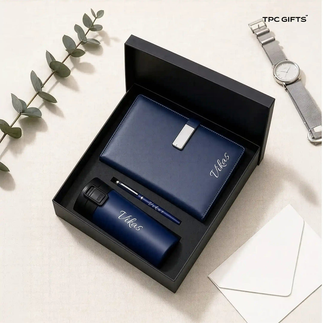 The Navy Set – Personalised 3-in-1 Diary, Bottle &amp; Pen Gift Set