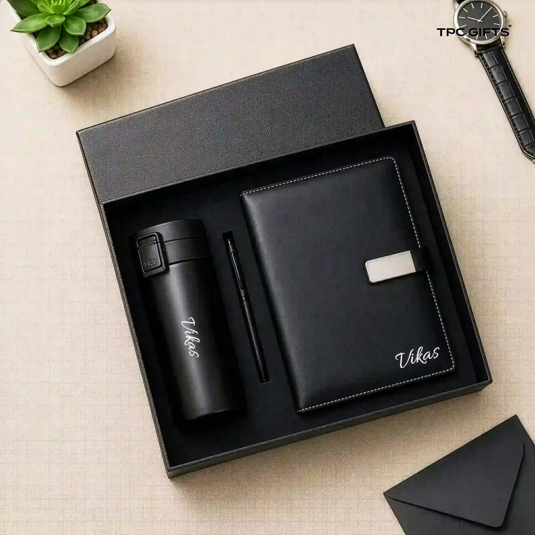 The Black Set – Personalised 3-in-1 Diary, Bottle &amp; Pen Gift Set