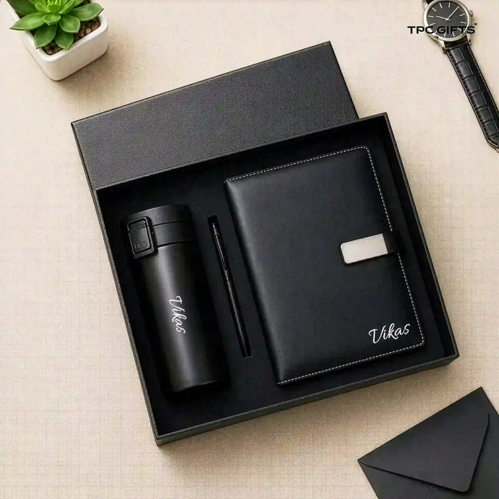 The Black Set – Personalised 3-in-1 Diary, Bottle &amp; Pen Gift Set